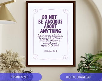 Do not be anxious about anything Philippians 4:6-7 Purple bible verse poster Christian Wall Art Home Decor Modern Retro Handwritten Church