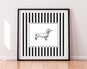 Teckel saucisse chien impression Style déco vintage - carré rayé noir et blanc - art mural croquis antique animal affiche imprimable