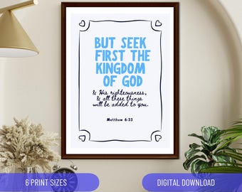 But Seek First The Kingdom of God Matthew 6:33 Blue bible verse poster Christian Wall Art Home Decor Modern Retro Handwritten Church