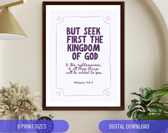 But Seek First The Kingdom of God Matthew 6:33 Purple bible verse poster Christian Wall Art Home Decor Modern Retro Handwritten Church