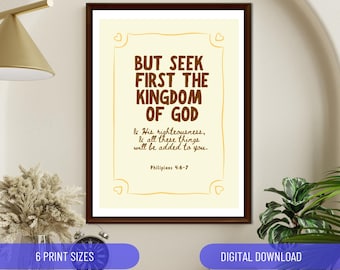 But Seek First The Kingdom of God Matthew 6:33 Yellow bible verse poster Christian Wall Art Home Decor Modern Retro Handwritten Church