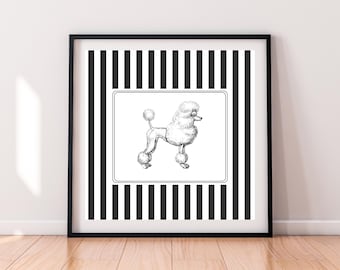 Poodle Dog Print Vintage Style Decor - Square Striped Black and White - Wall Art Antique Sketch Animal Printable Poster
