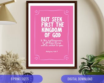 But Seek First The Kingdom of God Matthew 6:33 Blue bible verse poster Christian Wall Art Home Decor Modern Retro Handwritten Church