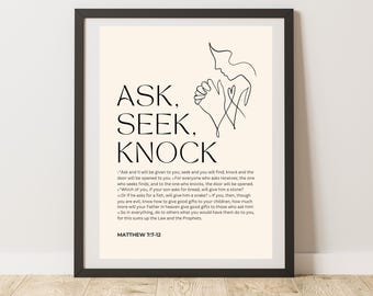 Póster de versículo bíblico con texto en inglés "Mateo 7:7-12: Pregunta, busca, llama", arte lineal, arte de pared cristiano, decoración para el hogar, iglesia, minimalista, simple, retro, vintage