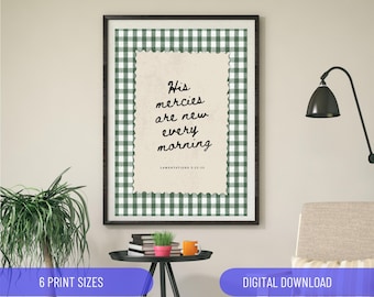 His Mercies Are New Every Morning Lamentations 3:22-23 Green Gingham bible verse poster Christian Wall Art Home Decor Retro Vintage Church