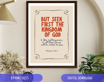 But Seek First The Kingdom of God Matthew 6:33 Red bible verse poster Christian Wall Art Home Decor Modern Retro Handwritten Church