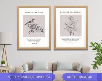Set of 2 Matthew 6:26 Set of 2, Christian Wall Art, Bible Verse Posters, Beige Wall Art, Look At the Birds, Consider the Lilies Bible Print