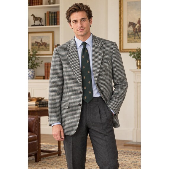 Magee, Vintage Magee Donegal Tweed Wool Blazer 40R Blue Cream Houndstooth Dublin