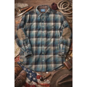 Herrskjorta i ullflanell med vintagemönster, blågrön, skuggpläd, armbågslappar, robust Pendleton