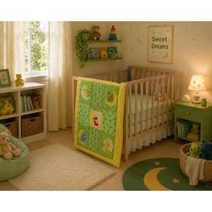 May include: A patchwork baby quilt featuring green and yellow fabric squares with Sesame Street character illustrations on crescent moons, bordered by a yellow trim, draped over a wooden cot with a light green sheet and a white dust ruffle.