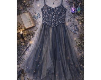 Vtg Jessica McClintock Navy Lace Corset Tulle Evening Gown 6 Whimsigoth Fairy