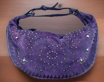 Couture Donald J Pliner Hobo Shoulder Bag Small Purple Suede Studded Italy Boho