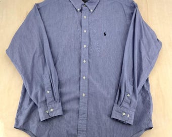 Vintage Ralph Lauren Yarmouth Dress Shirt Mens 17 Blue Button Down Micro Stripe