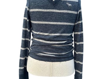 Abercrombie & Fitch Sweater Mens Medium Blue Striped Muscle Fit V-Neck Preppy