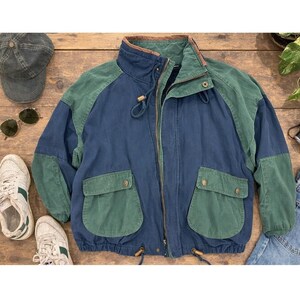 Mens 90s Field Jacket M Navy Green Colorblock Hooded Barn Coat Zeidler & Zeidler