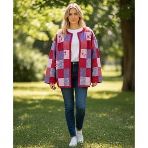 Quilted Patchwork Jacket Women XL Red Purple Floral Polka Dot Boho Vintage