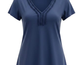 American Living Top Wms XL Navy Ruffle V-Neck Cotton Tee Classic Coastal Preppy