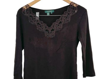 Lauren Ralph Lauren Dames geribbelde kanten top met v-hals L bruin Coquette Art met 3/4-mouwen