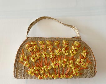 Vtg Woven Straw Handbag Top Handle Orange Yellow Raffia Floral Boho Purse