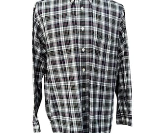 Mens Vintage 90s Flannel Shirt Navy Green Plaid Crest Button Down Nautica