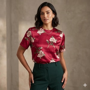 May include: A short-sleeved satin blouse in a deep burgundy red featuring a repeating pattern of light pink roses with green stems and leaves. The blouse has a round neckline and is paired with solid dark forest green trousers with a waistband.
