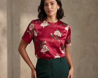 Christie & Jill Bluse, Damengröße 12, rot-rosenfarbenes Satin-Knopfmuster, romantischer Stil der 90er Jahre