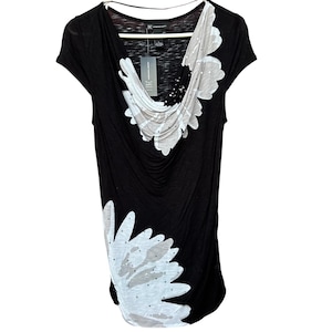 Vtg Y2K INC Black Floral Embellished Top Indian Summer L Cowl Neck Whimsigoth