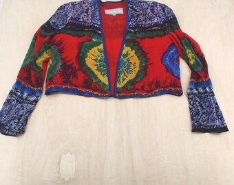 Damen Vintage 90er Jahre Cropped Tie Dye Jacke Rot Blau Art to Wear Dorothy Schoelen