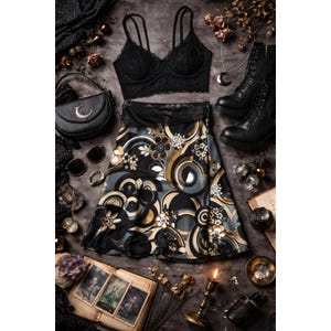 May include: A black lace bra, a patterned skirt with floral and swirl designs in black, white, and brown, and black combat boots are displayed. A black purse with a crescent moon detail, sunglasses, and jewelry complete the ensemble. The overall theme is gothic and vintage.