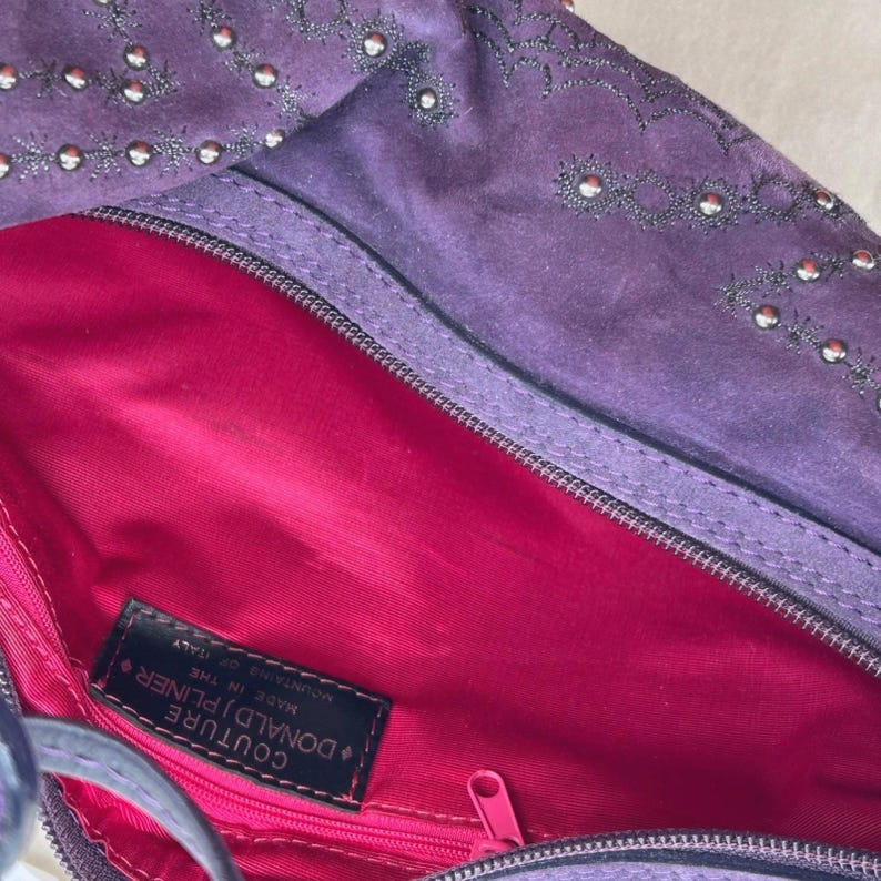 Couture Donald J Pliner Hobo Crescent Bag Small Purple Suede Studded Purse Italy image 13
