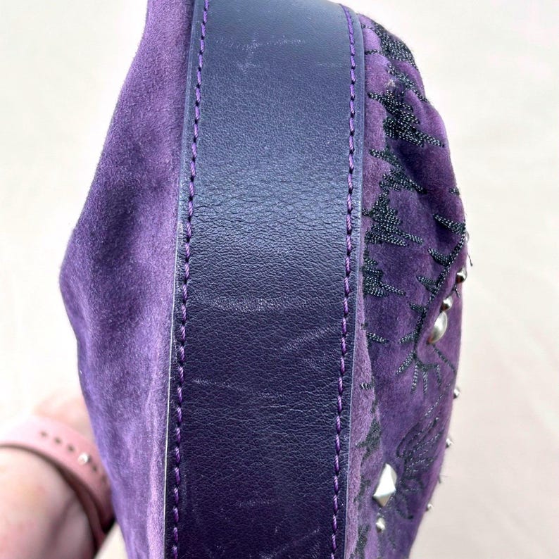 Couture Donald J Pliner Hobo Crescent Bag Small Purple Suede Studded Purse Italy image 12
