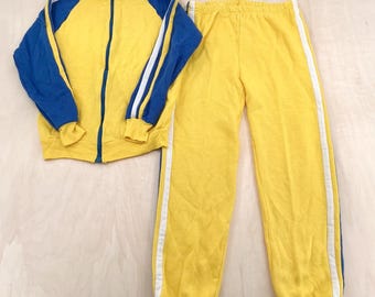 Tuta sportiva vintage per bambini, taglia 14, gialla e blu, con strisce laterali, stile retrò anni '80.