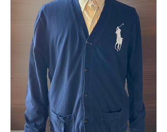 90s Polo Ralph Lauren Mens Large Navy Blue Big Pony Cotton Pique Cardigan Jersey