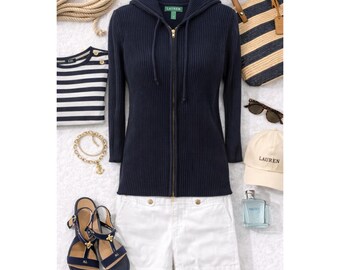 Lauren Ralph Lauren Wms Full Zip Hoodie M Navy Blue Ribbed Knit Nautical Coastal