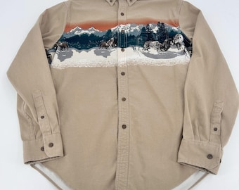 Camicia da uomo button down taglia S, marrone chiaro, con grafica Wolf Mountain, maniche lunghe, stile cabinacore robusto