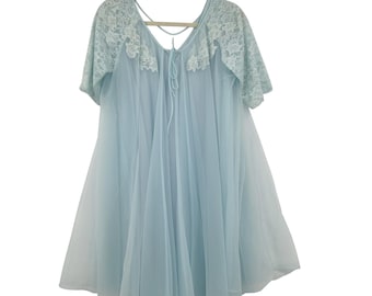 Lisette Womens Vintage Peignoir Set Medium Blue Lace Sheer Nylon Retro Coquette