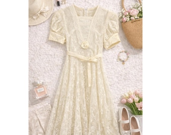 Jessica McClintock Girls Lace Dress 8 Cream Rosette Vtg Victorian Flower Girl