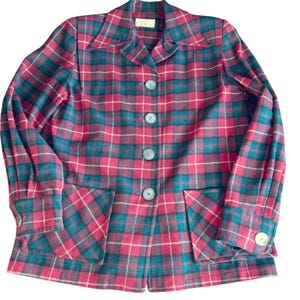 May include: A vintage plaid jacket in shades of red, teal, and white. The jacket features a classic collar, four teal buttons down the front, and two front pockets. The long sleeves have buttoned cuffs.