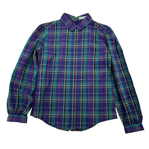 Camicetta Foxcroft anni '80 da donna, taglia 6, viola, verde scozzese, con bottoni sul retro e maniche a sbuffo.