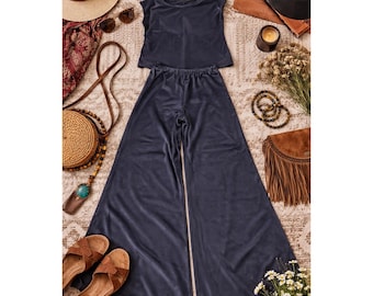 Womens Retro 70s Wide Leg Pant Set Black Sleeveless Co-ord Minimalist Handmade