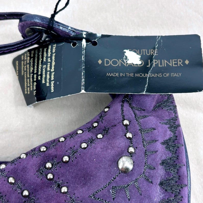 Couture Donald J Pliner Hobo Crescent Bag Small Purple Suede Studded Purse Italy image 3