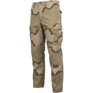 May include: Cargo pants featuring a desert camouflage pattern in shades of tan, beige, and brown. These pants include a button closure, a zippered fly, two side pockets, and two large cargo pockets on the thighs with flap closures over the legs.