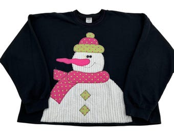 Sudadera vintage de muñeco de nieve talla XL, negra, mezcla de algodón, aplique, suéter navideño feo
