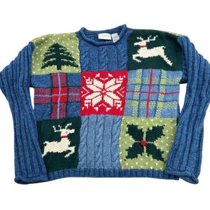 Maglione natalizio kitsch e brutto da donna LP Patchwork Renne Fiocchi di neve Festività