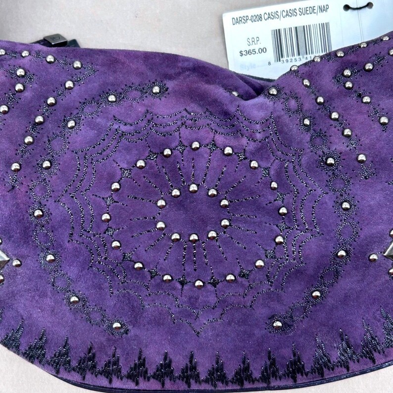 Couture Donald J Pliner Hobo Crescent Bag Small Purple Suede Studded Purse Italy image 8
