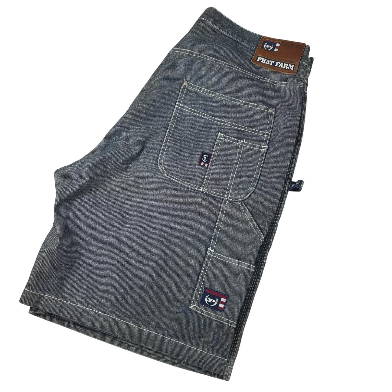 Phat Farm Denim Shorts 36 Blue Baggy Carpenter Contrast Stitch 90s