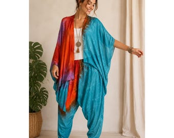 Vintage Hand-Dyed Silk Harem Pants & Open Silk Top Set Boho Art To Wear One Size
