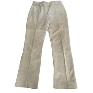 May include: Tan suede pants with a classic five-pocket design. The pants have a straight leg cut and a neutral color, suitable for various outfits. The suede material gives a soft, textured appearance.