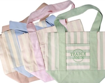 Mini sacola de lona Trader Joe's – Coleção Listrada Verão 2026 | Sacola reutilizável de edição limitada | Rosa, Azul, Menta e Bege