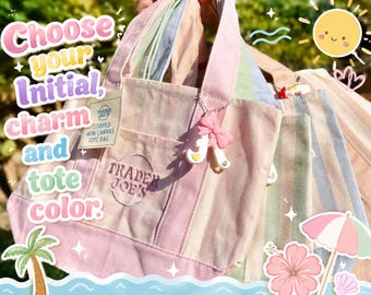 Trader Joe’s Striped mini Tote & Custom Initial Bag Charm  Gift Set | Personalized 3D Printed Name Tag